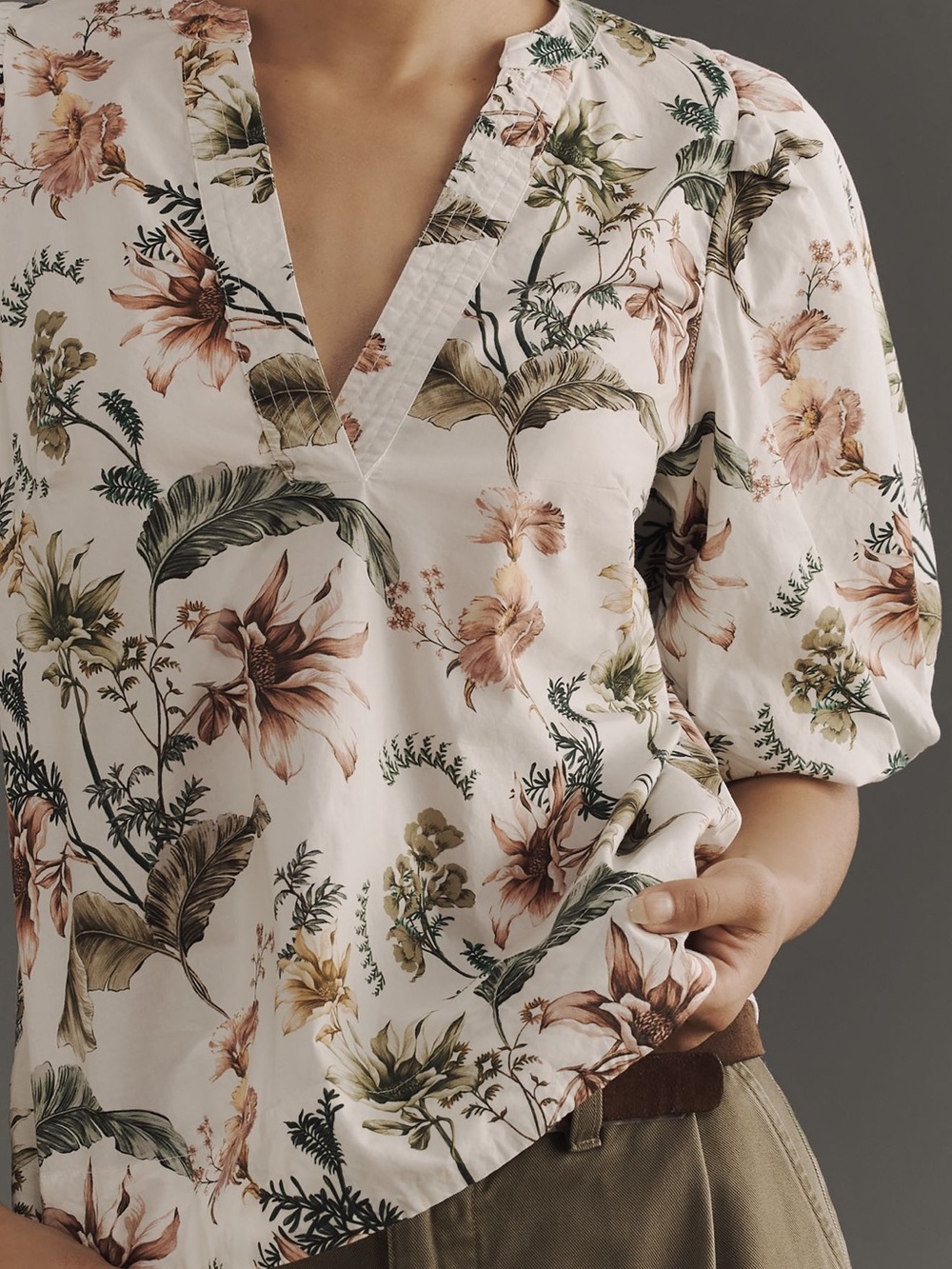 Anthropologie Floral V-Neck Puff-Sleeve Blouse — White with Pink & Green Print
